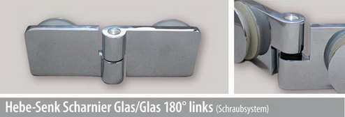 Hebe-Senk Scharnier Glas/Glas 180° links